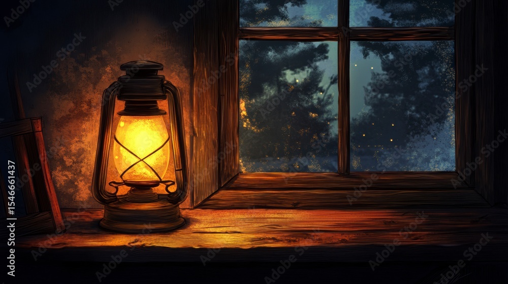 Poster illuminated kerosene lamp on rustic window sill at night, casting warm glow against dark, wintry for