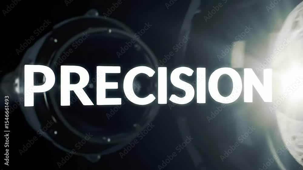 Poster abstract visuals of rotating metallic objects and bright light flares, conveying themes of precision