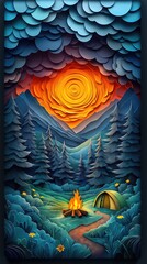Papercut Style Paper Cut Camping Camp Campfire Summer Winter Forest Fall Wood Woodland Woods Sunset Tent Lake Mountain Mobile Background Wallpaper Illustration Colorful Vector