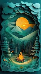 Papercut Style Paper Cut Camping Camp Campfire Summer Winter Forest Fall Wood Woodland Woods Sunset Tent Lake Mountain Mobile Background Wallpaper Illustration Colorful Vector