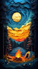 Papercut Style Paper Cut Camping Camp Campfire Summer Winter Forest Fall Wood Woodland Woods Sunset Tent Lake Mountain Mobile Background Wallpaper Illustration Colorful Vector