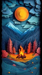 Papercut Style Paper Cut Camping Camp Campfire Summer Winter Forest Fall Wood Woodland Woods Sunset Tent Lake Mountain Mobile Background Wallpaper Illustration Colorful Vector