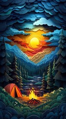 Papercut Style Paper Cut Camping Camp Campfire Summer Winter Forest Fall Wood Woodland Woods Sunset Tent Lake Mountain Mobile Background Wallpaper Illustration Colorful Vector