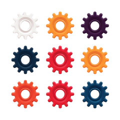 gear wheels transparent back ground Colorful gears arranged in a grid pattern.