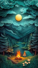 Papercut Style Paper Cut Camping Camp Campfire Summer Winter Forest Fall Wood Woodland Woods Sunset Tent Lake Mountain Mobile Background Wallpaper Illustration Colorful Vector
