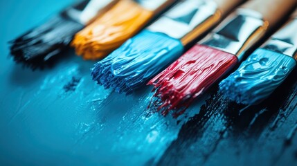 Fototapeta premium A close-up view of paintbrushes dipped in vibrant colors, showcasing the textures and richness of each hue, perfect for any artist's creative expression and inspiration.