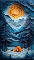 Papercut Style Paper Cut Camping Camp Campfire Summer Winter Forest Fall Wood Woodland Woods Sunset Tent Lake Mountain Mobile Background Wallpaper Illustration Colorful Vector