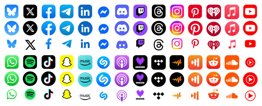 Threads, Instagram, TikTok, X, Facebook, Whatsapp, Twitter, YouTube, Telegram, Snapchat, Pinterest, Reddit, Messenger, Deezer, Bluesky, Spotify and LinkedIn app icons. Set of social media logos