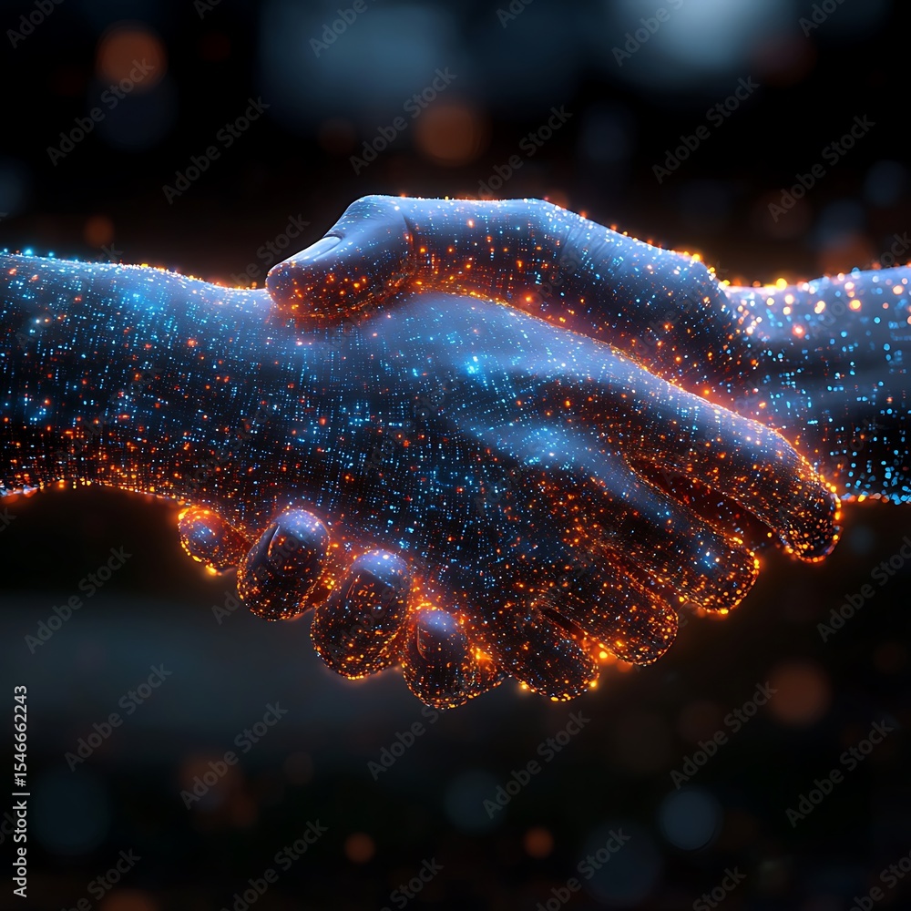 Poster digital glowing handshake depicting partnership and collaboration with data points in futuristic pho