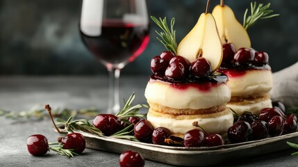 An exquisite dessert featuring layers of cakes topped with fresh pears and cherries, elegantly paired with a glass of red wine, embodying indulgence and delight.