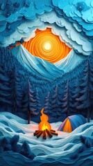 Papercut Style Paper Cut Camping Camp Campfire Summer Winter Forest Fall Wood Woodland Woods Sunset Tent Lake Mountain Mobile Background Wallpaper Illustration Colorful Vector