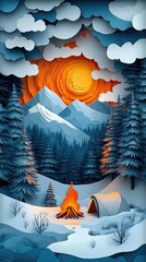 Papercut Style Paper Cut Camping Camp Campfire Summer Winter Forest Fall Wood Woodland Woods Sunset Tent Lake Mountain Mobile Background Wallpaper Illustration Colorful Vector