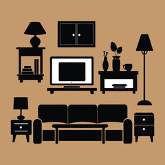 Silhouette home interior design with modern furniture sofa table and lamp in bold black vector