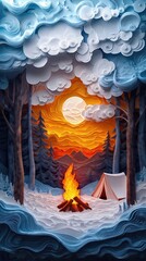 Papercut Style Paper Cut Camping Camp Campfire Summer Winter Forest Fall Wood Woodland Woods Sunset Tent Lake Mountain Mobile Background Wallpaper Illustration Colorful Vector