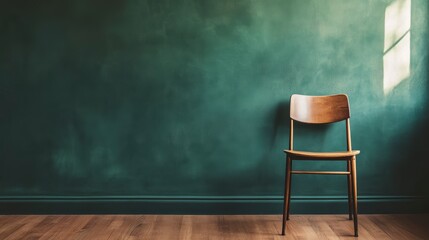 A single wooden chair against a dark green wall.