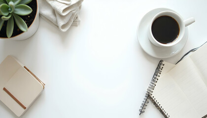 Workspace with Coffee, Notebook, and Plant on White Desk