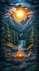 Papercut Style Paper Cut Camping Camp Campfire Summer Winter Forest Fall Wood Woodland Woods Sunset Tent Lake Mountain Mobile Background Wallpaper Illustration Colorful Vector