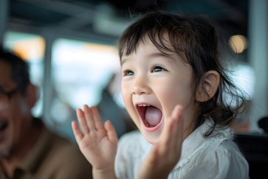 Exhilarating moment captured as adorable little girl experiences joyous thrill on a boat ride, with open mouth and absolute delight.