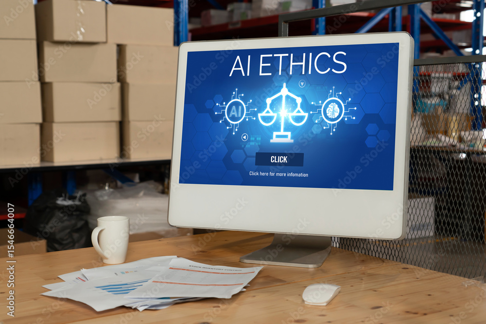 Poster ai ethics responsibility standard law and rules on computer screen provide report of ai ethic transp