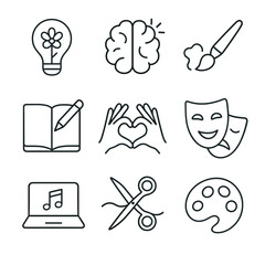 Creative icons representing arts and hobbies in modern line style  