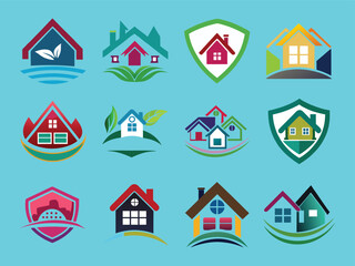 Smart home security icon pack with tech house badge in colorful flat modern vector style graphics