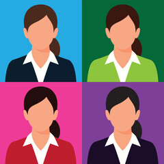 Vector illustration set of four faceless female business avatars in formal suits with different colored backgrounds. Perfect for corporate profiles, HR visuals, or team member representations.