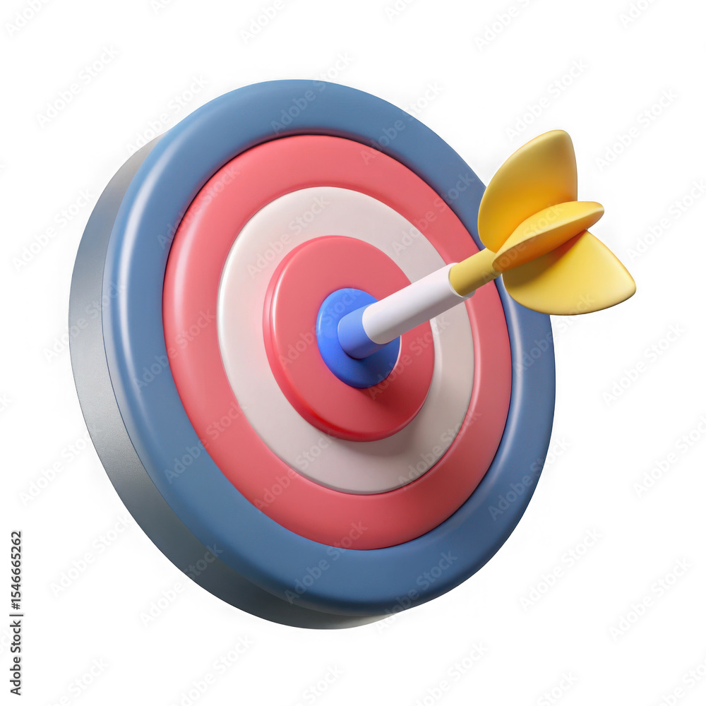 Poster colorful 3d rendering of a bullseye with a dart isolated on transparent background