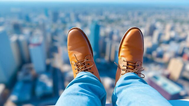 Feet in leather shoes overlooking blurred cityscape from high elevation. Blue pants visible, urban skyline with skyscrapers in soft focus background.