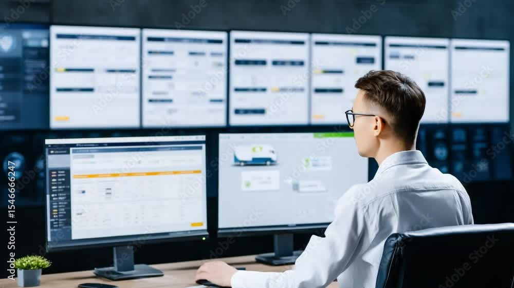 Poster professional male analyst working on multiple monitors in modern office environment analyzing data r