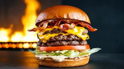 Juicy bacon cheeseburger in front of dancing flames  mouthwatering culinary scene
