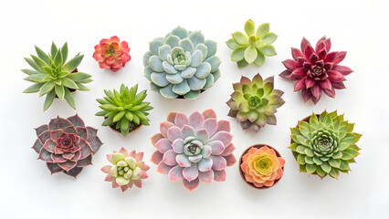 Collection of colorful succulents in small pots