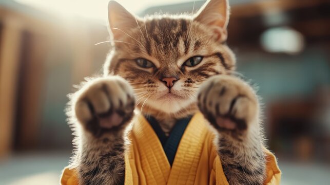 A playful cat wearing a yellow karate gi brings a whimsical touch, showcasing its charm and cuteness. This feline embodies the spirit of martial arts with flair and personality.