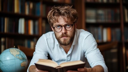 A thoughtful man engrossed in a book, surrounded by towering shelves filled with literature, reflecting an environment that fosters learning and intellectual curiosity.