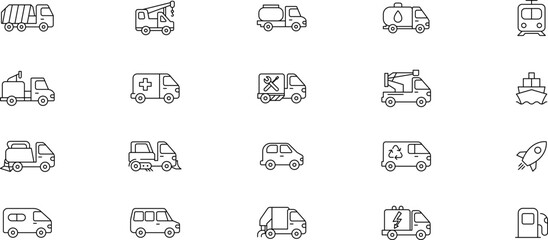 Public, Service, Municipal Commercial vehicles Transport Line Icons Set — Transportation, vehicle icon set. Vector glyph pictograms of travel, logistics, public transit concepts