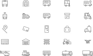 Public, Service, Municipal Commercial vehicles Transport Line Icons Set — Transportation, vehicle icon set. Vector glyph pictograms of travel, logistics, public transit concepts