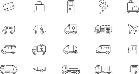 Public, Service, Municipal Commercial vehicles Transport Line Icons Set — Transportation, vehicle icon set. Vector glyph pictograms of travel, logistics, public transit concepts