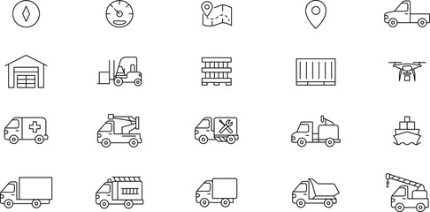 Public, Service, Municipal Commercial vehicles Transport Line Icons Set — Transportation, vehicle icon set. Vector glyph pictograms of travel, logistics, public transit concepts