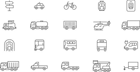 Public, Service, Municipal Commercial vehicles Transport Line Icons Set — Transportation, vehicle icon set. Vector glyph pictograms of travel, logistics, public transit concepts