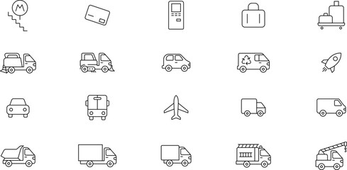 Fototapeta premium Public, Service, Municipal Commercial vehicles Transport Line Icons Set — Transportation, vehicle icon set. Vector glyph pictograms of travel, logistics, public transit concepts