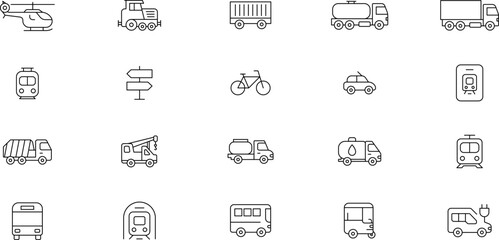 Public, Service, Municipal Commercial vehicles Transport Line Icons Set — Transportation, vehicle icon set. Vector glyph pictograms of travel, logistics, public transit concepts