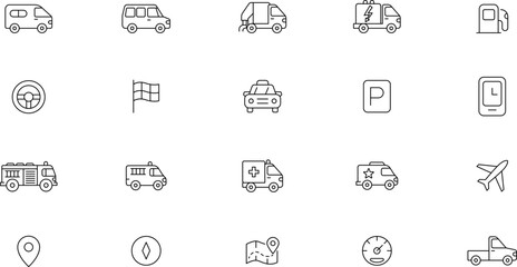 Public, Service, Municipal Commercial vehicles Transport Line Icons Set — Transportation, vehicle icon set. Vector glyph pictograms of travel, logistics, public transit concepts
