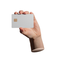 Bank card held by hand in front with wrist and arm visible. Plastic debit and credit card mockup for