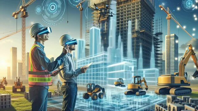 Two construction workers wearing VR headsets and safety gear use augmented reality technology to design and monitor building project with holographic blueprints, drones, and construction equipment