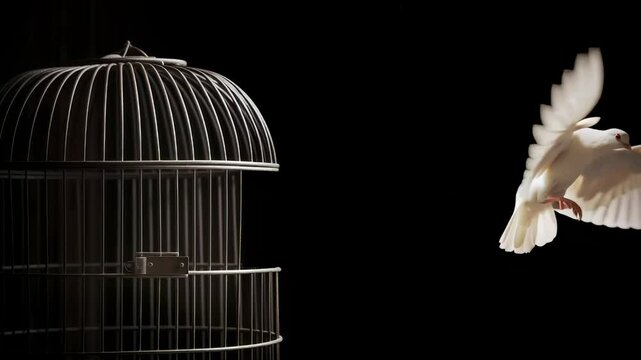 White dove flying out of dark metal birdcage against black background. Bird spreading wings mid-flight, symbolizing liberation. Dramatic high contrast studio shot.