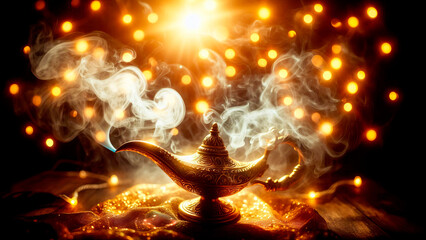 Magical golden genie lamp with swirling smoke and glowing fairy lights in warm atmosphere, fantasy background with vintage Aladdin lamp and mystic sparkles for wish or magic concept mockup