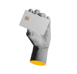 Bank card held by woman hand with wrist and arm visible. Plastic credit and debit card mockup for