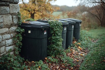 Fototapeta premium Plastic trash bins against stone wall high resolution picture