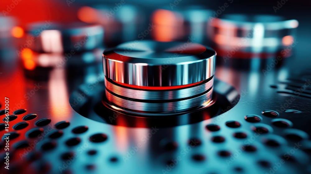 Poster this image features a close-up of a shiny control knob, illuminated with striking red and blue light