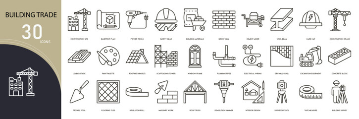 Building trade related icon collections. Containing tools, construction, material, crane, site, worker, structure, plan, equipment, and bricks icons. Outline icons.