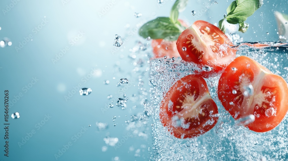 Aufkleber freshly cut tomatoes splashing into water, creating a dynamic visual of freshness and vitality, perf